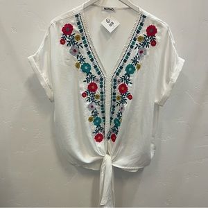 Floral Embroidered Front Tie Top